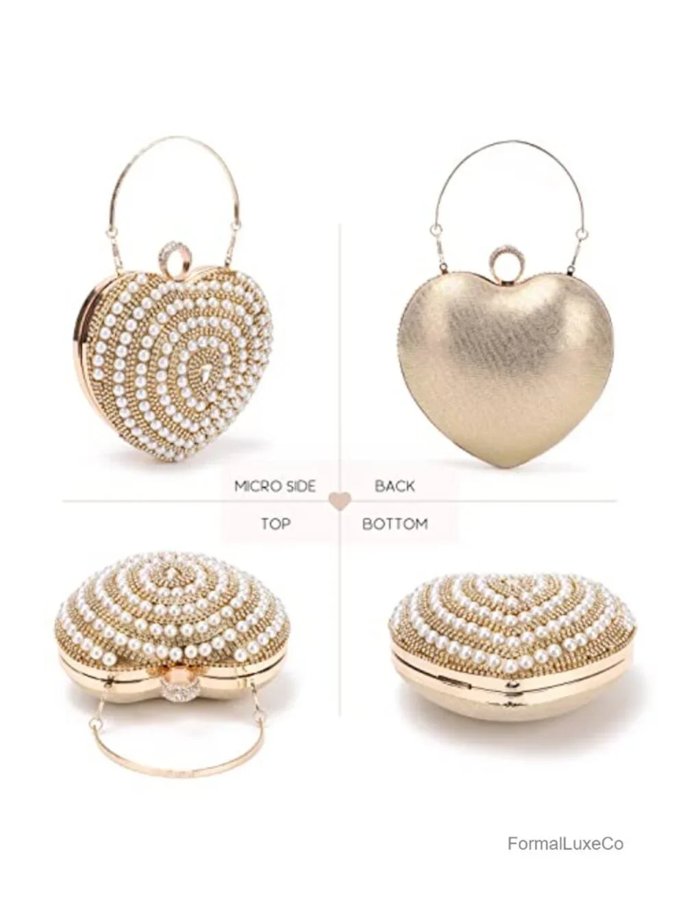 Pearl & Crystal Heart Clutch Bag with Chain Strap Handmade Evening Purse Prom